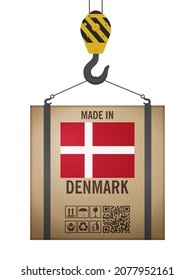 Hooked cardboard box made in Denmark on a white background. Vector illustration.