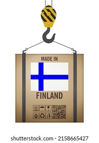 Hooked cardboard box made in Finland on a white background. Vector illustration.