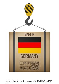 Hooked cardboard box made in Germany on a white background. Vector illustration.