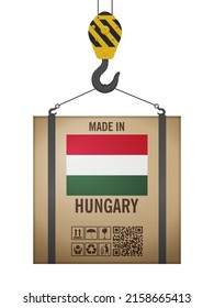 Hooked cardboard box made in Hungary on a white background. Vector illustration.