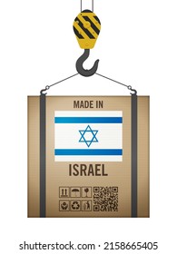 Caja de cartón enganchada hecha en Israel con fondo blanco. Ilustración vectorial.