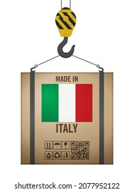 Hooked cardboard box made in Italy on a white background. Vector illustration.