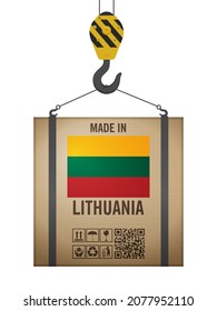 Caja de cartón enganchada hecha en Lituania con fondo blanco. Ilustración vectorial.