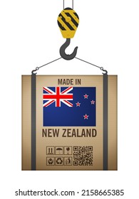 Hooked cardboard box made in New Zealand on a white background. Vector illustration.
