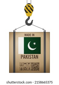 Caja de cartón enganchada hecha en Pakistán con fondo blanco. Ilustración vectorial.