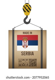 Hooked cardboard box made in Serbia on a white background. Vector illustration.