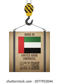 Hooked cardboard box made in UAE on a white background. Vector illustration.
