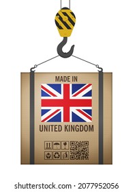 Hooked cardboard box made in UK on a white background. Vector illustration.