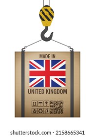 Hooked cardboard box made in UK on a white background. Vector illustration.