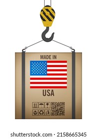 Hooked cardboard box made in USA on a white background. Vector illustration.