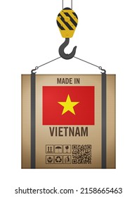 Hooked cardboard box made in Vietnam on a white background. Vector illustration.