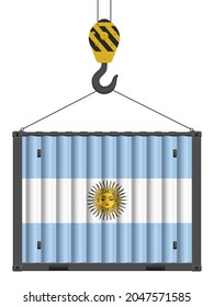Hooked cargo container with Argentina flag on a white background. Vector illustration.