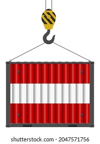 Hooked cargo container with Austria flag on a white background. Vector illustration.