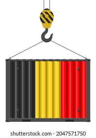 Hooked Frachtcontainer mit belgischer Flagge auf weißem Hintergrund. Vektorgrafik.
