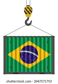 Hooked Frachtcontainer mit brasilianischer Flagge auf weißem Hintergrund. Vektorgrafik.