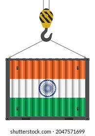 Hooked cargo container with India flag on a white background. Vector illustration.