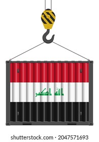 Hooked cargo container with Iraq flag on a white background. Vector illustration.