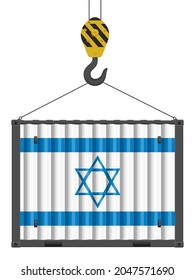 Hooked cargo container with Israel flag on a white background. Vector illustration.