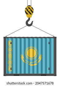 Contenedor de carga enganchado con la bandera de Kazajistán en un fondo blanco. Ilustración vectorial.