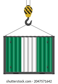 Hooked cargo container with Nigeria flag on a white background. Vector illustration.