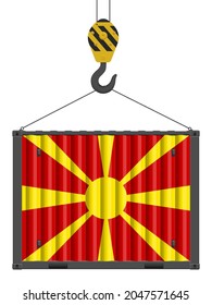 Hooked Frachtcontainer mit Flagge in Nordmakedonien auf weißem Hintergrund. Vektorgrafik.