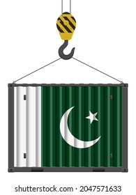 Hooked Frachtcontainer mit pakistanischer Flagge auf weißem Hintergrund. Vektorgrafik.