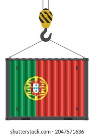 Hooked cargo container with Portugal flag on a white background. Vector illustration.