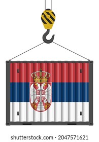 Hooked cargo container with Serbia flag on a white background. Vector illustration.