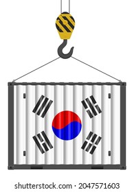 Hooked cargo container with South Korea flag on a white background. Vector illustration.