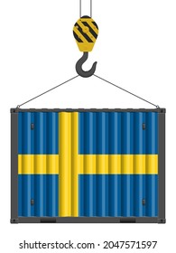 Hooked cargo container with Sweden flag on a white background. Vector illustration.