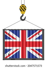 Contenedor de carga enganchado con bandera británica sobre fondo blanco. Ilustración vectorial.
