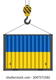 Contenedor de carga enganchado con la bandera de Ucrania en un fondo blanco. Ilustración vectorial.