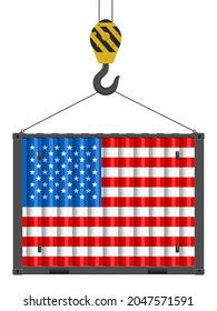 Hooked cargo container with USA flag on a white background. Vector illustration.