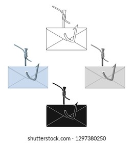 Hooked e-mail icon in cartoon style isolated on white background. Hackers and hacking symbol stock vector illustration.