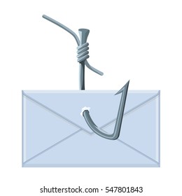 Hooked e-mail icon in cartoon style isolated on white background. Hackers and hacking symbol stock vector illustration.
