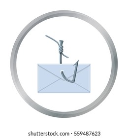 Hooked e-mail icon in cartoon style isolated on white background. Hackers and hacking symbol stock vector illustration.