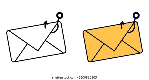 Hooked email icon in color and outline style, representing phishing attacks, email scams, and online fraud in cybersecurity.