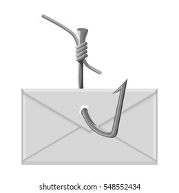 Hooked e-mail icon in outline style isolated on white background. Hackers and hacking symbol stock vector illustration.