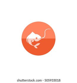 Hooked fish icon in flat color circle style. Water sport fishing