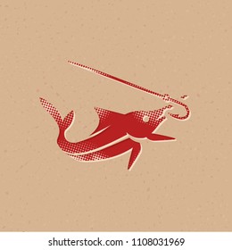 Hooked fish icon in halftone style. Grunge background vector illustration.