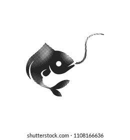 Hooked fish icon in halftone style. Black and white monochrome vector illustration.
