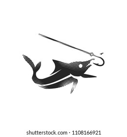 Hooked fish icon in halftone style. Black and white monochrome vector illustration.