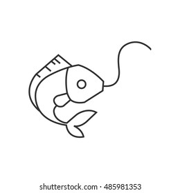 Hooked fish icon in thin outline style. Sport fishing water sea river catch