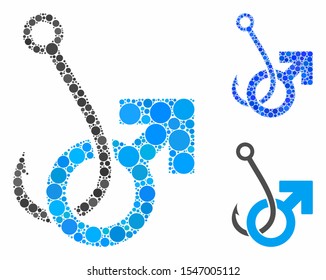 Hooked male symbol composition of filled circles in variable sizes and color tints, based on hooked male symbol icon. Vector small circles are organized into blue composition.