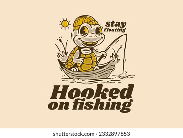 Hooked on fish, Mascot character illustration of the turtle fishing on the boat