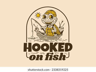 Hooked on fish, Mascot character illustration of the turtle fishing on the boat