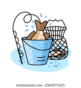 Hooked perch fish in a bucket doodle style isolated on white background. Fishing scene illustration.