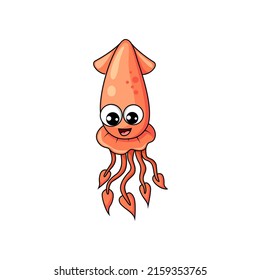 Hooked red squid personage isolated underwater cartoon character. Vector marine animal emoticon, neritic sharpear squid mollusk, giant shellfish aquatic organism with face and eyes, armhook squid