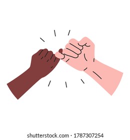 Hooking little fingers icon. Vector illustration of black and white interracial hands holding little fingers. Concept of promise,  friendship sign