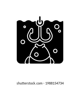 Hooks black glyph icon. Fish try to bite hook. Fish ate the bait got hooked. Process of catching fish. Decisive moment. Working bait. Silhouette symbol on white space. Vector isolated illustration